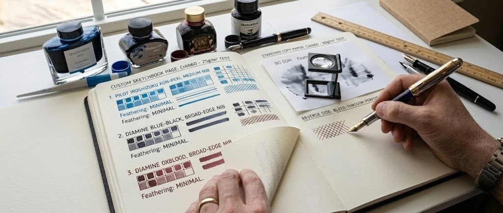 Fountain pen nib ink testing on custom sketchbook paper checking for feathering and bleed-through performance Fountain pen nib ink testing on custom sketchbook paper checking for feathering and bleed-through performance